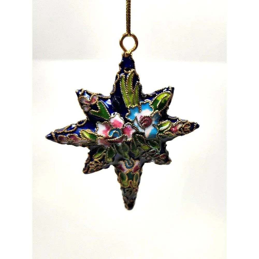 Vintage Discovery Store Cloisonne Star Ornament Enamel Floral Blue Gold Tone